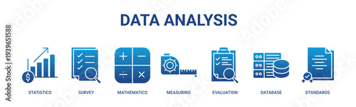 Data Analysis web banner icon vector illustration concept with icons of statistics, survey, mathematics, measurement, evaluation, database systems, and international standards.