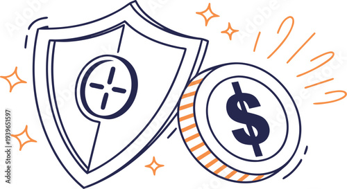 Neon insurance payment with shield and coin symbols dollar sign