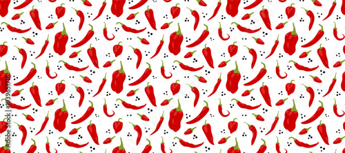 Red hot chili pepper mix seamless pattern with habanero and cayenne on white background, spicy food vector