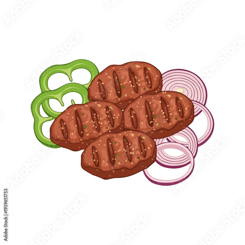 Traditional Turkish Köfte Grilled Meatballs Flat Vector Illustration Isolated on White.