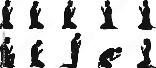 Prayer silhouettes kneeling devotion, meditation worship illustration, spiritual reflection vector, religious faith concept, cultural lifestyle design, holy posture art