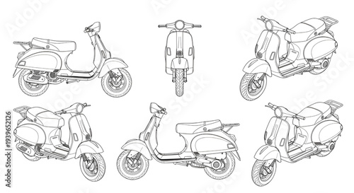 Motor Scooter AutoCAD Blueprint Vector – Multi View Urban Transport Vehicle Technical Drawing
