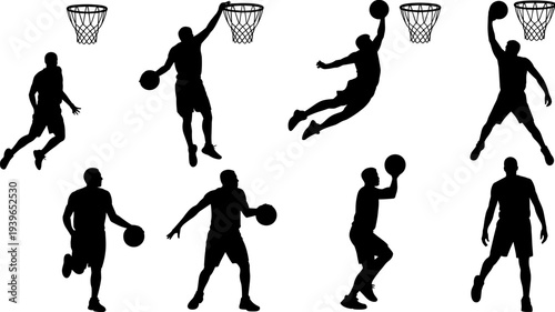 Basketball players silhouettes, dribbling dunking shooting, sports action poses, athletic movement, basketball hoops illustration, team game concept, flat vector illustration