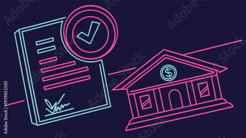 Neon loan approval with document and check symbol and bank building