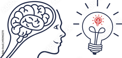 Navy line of human head with exposed brain next to lightbulb with red spark navy blue lines