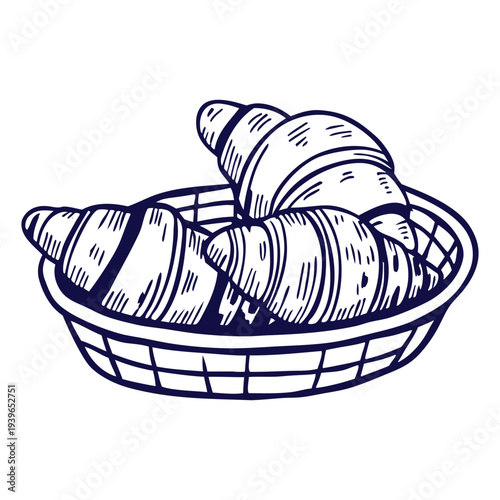 Hand drawn basket with three croissants in vintage engraving style, perfect for bakery branding, cafe menu design, packaging, posters and cozy breakfast food illustrations