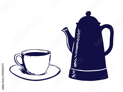 Hand drawn coffee cup on saucer with vintage coffee pot in bold minimal style, perfect for cafe logos, menu design, packaging, posters and cozy coffee shop branding