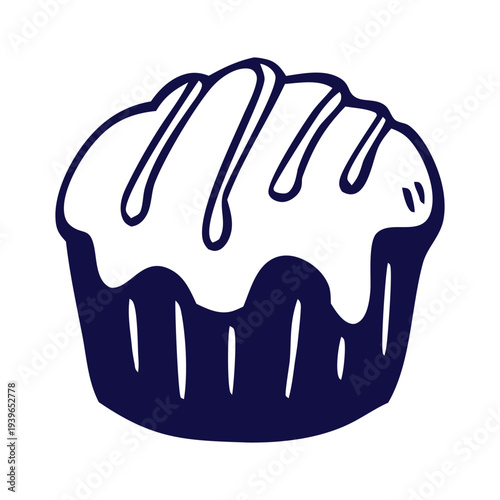 Hand drawn cupcake with icing and drizzle in bold minimal style, perfect for bakery logos, cafe menus, packaging, posters and sweet dessert illustration projects