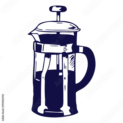 Hand drawn French press coffee maker in bold vintage style, perfect for cafe logos, menu icons, packaging, posters and cozy coffee shop branding