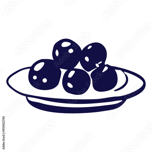 Hand drawn olives on small plate in bold minimal style, perfect for restaurant menus, tapas bar branding, packaging, labels and Mediterranean food illustrations