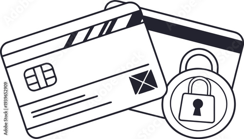 Credit card with lock symbol for secure payment black and white line padlock