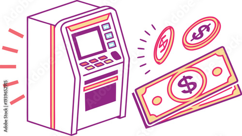 Neon atm machine with cash and coins symbols money withdrawal