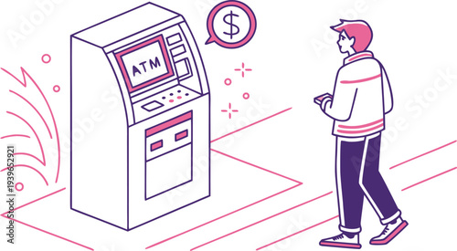 Neon atm machine glowing fintech outline automated teller machine bank banking