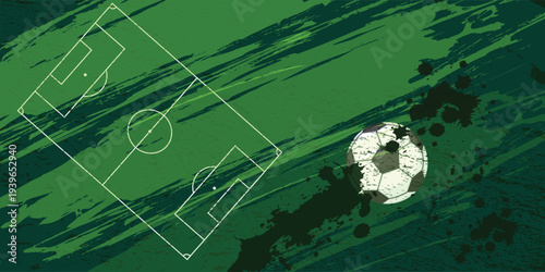 Abstract green soccer background with grunge paint splash texture and football field line illustration. Modern sport design featuring a soccer ball and dynamic brush strokes. Perfect for football tour