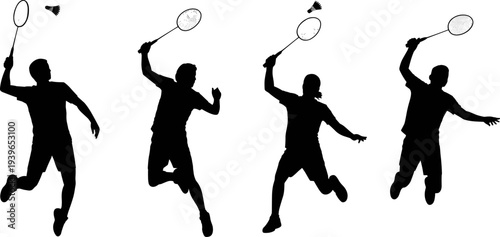 Badminton players silhouettes jumping, racket swings, shuttlecock action, sports agility illustration, fast-paced game concept, athletic movement vector, flat illustration