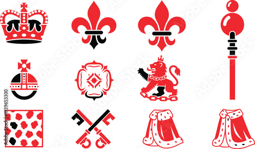 Fleur De Lis Icon Set Isolated. Fleur-de-lis emblem Vector Vintage White and Black outline icon. traditional medieval heraldry symbol.