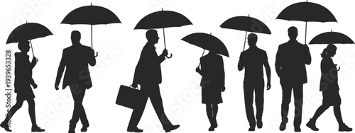 Business people walking with umbrellas in rain, corporate silhouettes commuting, teamwork, routine, resilience, urban lifestyle, flat vector illustration