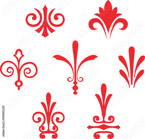 Fleur De Lis Icon Set Isolated. Fleur-de-lis emblem Vector Vintage White and Black outline icon. traditional medieval heraldry symbol.