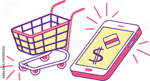Neon online shopping payment with cart and credit card payment shopping cart mobile phone