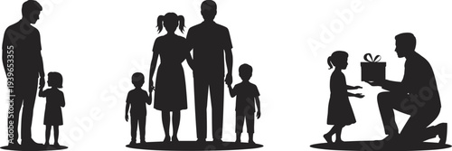 Family silhouettes together, father daughter bond, parents with children, gift giving moment, family unity illustration, love care, flat vector illustration