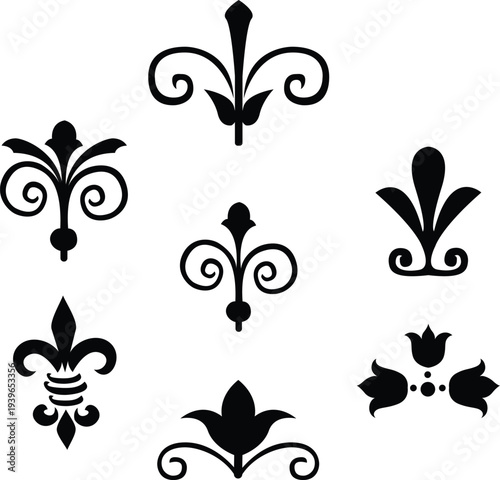 Vector Vintage White and Black Fleur De Lis Icon Set Isolated. Heraldic Lily, Retro Design Element. Vector Illustration