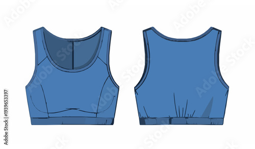 Blue Sports Bra Crop Top Technical Fashion Illustration Front Back CAD Vector