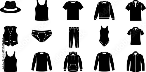 Clothing silhouette icon vector illustration set featuring hats, shirts, pants, hoodies, underwear, and fashion apparel motifs