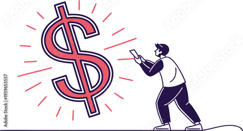 Glowing red dollar sign with dark blue outline and white border surrounded by red lines, man