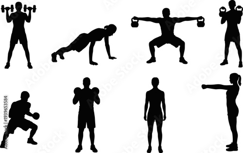 Fitness workout silhouettes, men women exercising, gym training poses, weightlifting, push-ups, boxing, stretching, healthy lifestyle, flat vector illustration