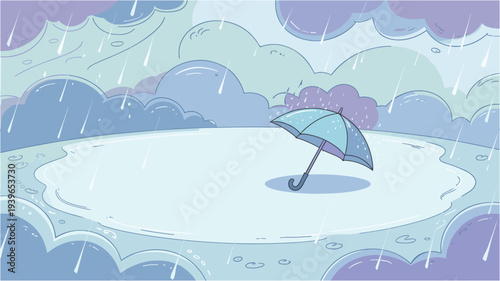 Cartoon landscape with falling rain and light blue umbrella on ground in autumn or spring weather