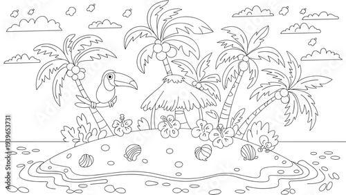 Cartoon outline drawing of tropical island with palm trees, toucan, and seashells on beach