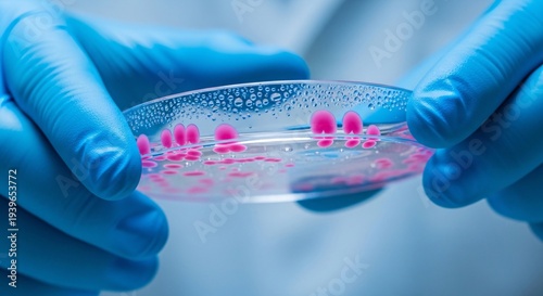 Gloved hands holding a petri dish with pink bacterial colonies.