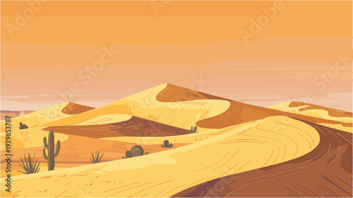 Desert landscape with sand dunes and cactus under orange sunset sky