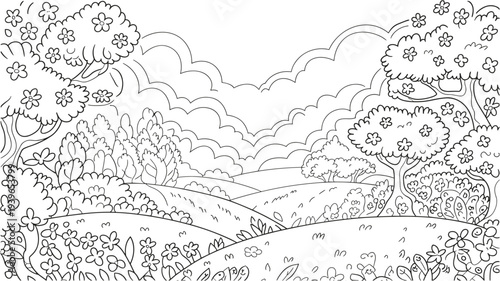 Detailed coloring page featuring blooming trees and rolling hills in a peaceful spring garden