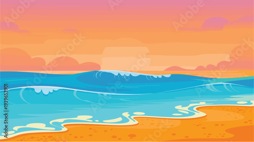Ocean beach landscape with blue sea waves and golden sand at sunset
