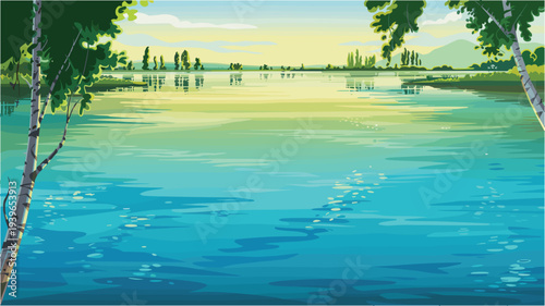 Peaceful river landscape with birch trees and calm water during sunrise