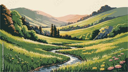 Serene landscape with winding river flowing through lush green valley, mountains, wildflowers