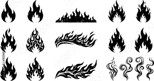 Flame silhouette icon vector illustration set featuring diverse fire designs, abstract smoke shapes, and decorative burning motifs