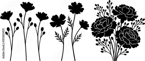 Floral silhouette icon vector illustration set featuring wildflowers, fern leaves, and layered bouquet designs for botanical decorative motifs