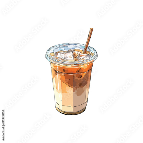 Watercolor ice coffee latte with a straw on top of the cup
Vector illustration, White background