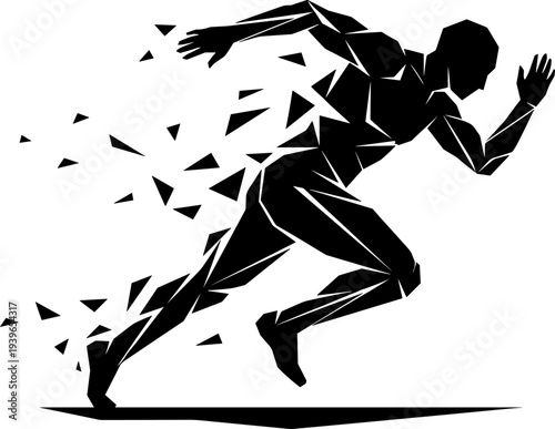 Running athlete silhouette vector illustration featuring fragmented sprint motion design symbolizing speed, energy, and transformation motifs