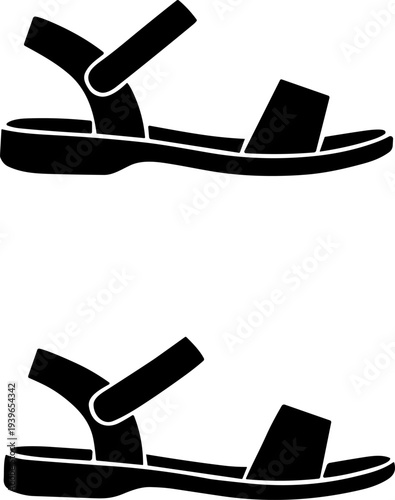 Sandal silhouette icon vector illustration set featuring strappy designs with toe, instep, and heel straps for footwear motifs