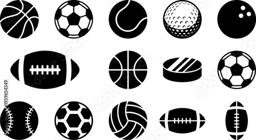 Sports ball silhouette icon vector illustration set featuring basketball, soccer, tennis, golf, football, baseball, and hockey motifs