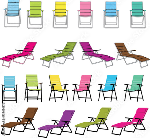 Colorful beach chair and sun lounger icon set with folding chairs deck chairs and lounge seats for summer vacation travel relaxation design
