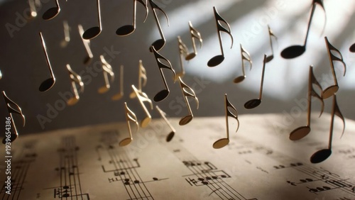 Obraz na płótnie Golden notes float above sheet music