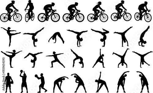 Sports silhouette icon vector illustration set featuring cycling, ballet dance, gymnastics, basketball, stretching, and calisthenics activity motifs