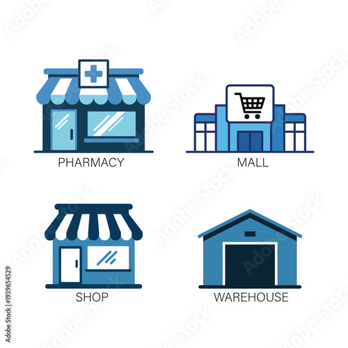 Commercial retail and storage building icons with pharmacy mall shop warehouse vector sign