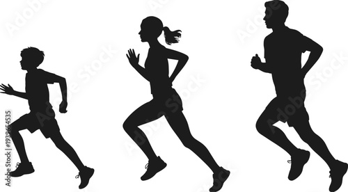 Family running silhouettes, child woman man jogging together, fitness health lifestyle, outdoor exercise, sports activity, flat vector illustration