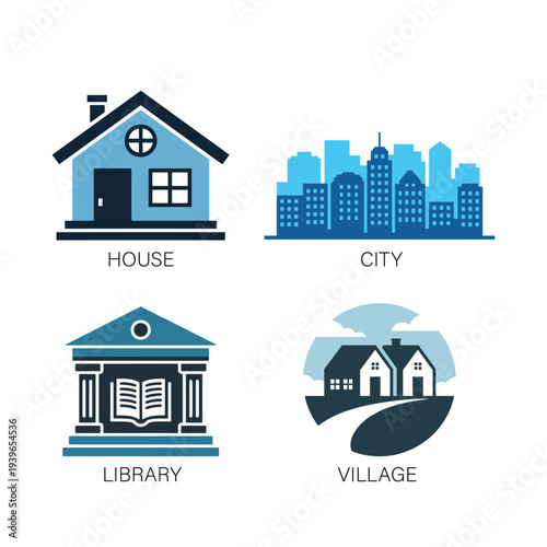 Residential and community location icons showing house city library village vector symbols