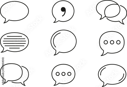 Speech bubble icon set, chat message bubbles collection, communication dialog symbols, messaging UI elements, outline vector illustration pack